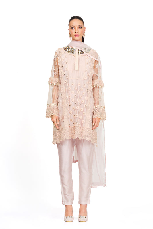 pink embroidered tunic set