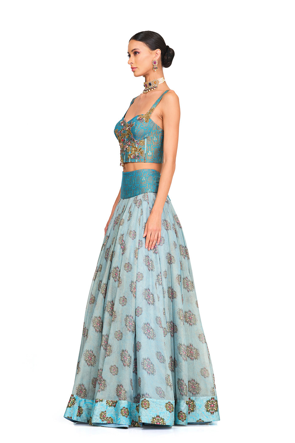 BLUE ORGANZA LEHENGA WITH CORSET BLOUSE