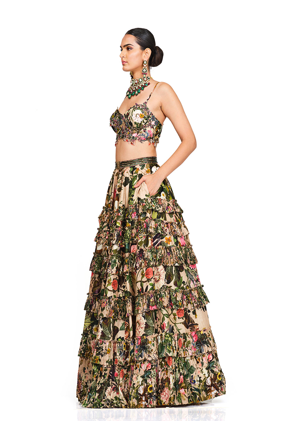 Printed Embroidered Bustier and Lehenga