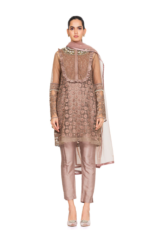 Taupe frilled and  embellished tunic set