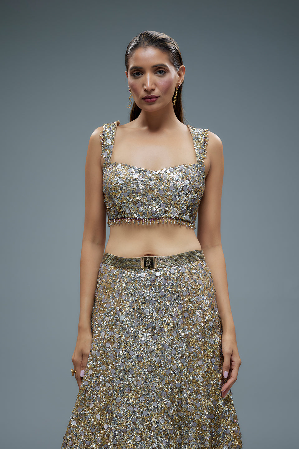 Beige net sequence embroidered lehenga set