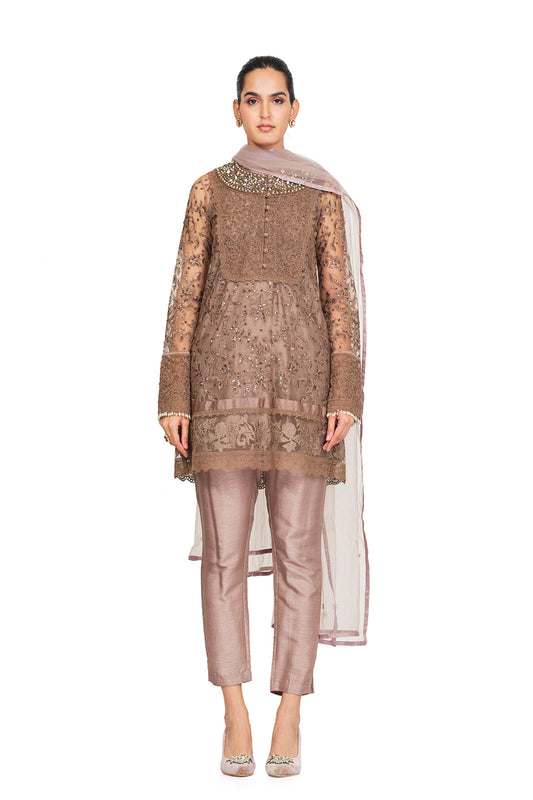 Taupe handembroidered tunic set