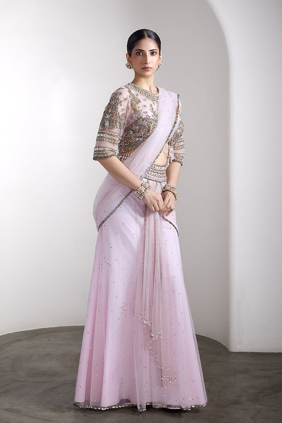 Pink drapped saree set
