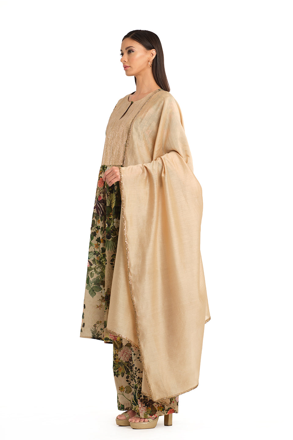Beige printed mul tunic set
