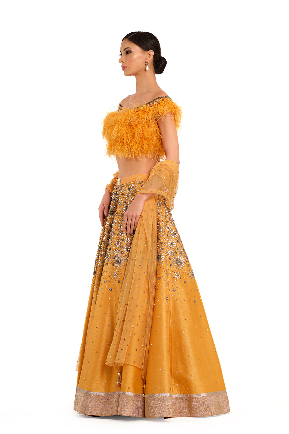 Orange Embroidered Lehenga with Feather detailed Blouse and Swiss Net Embroidered Dupatta