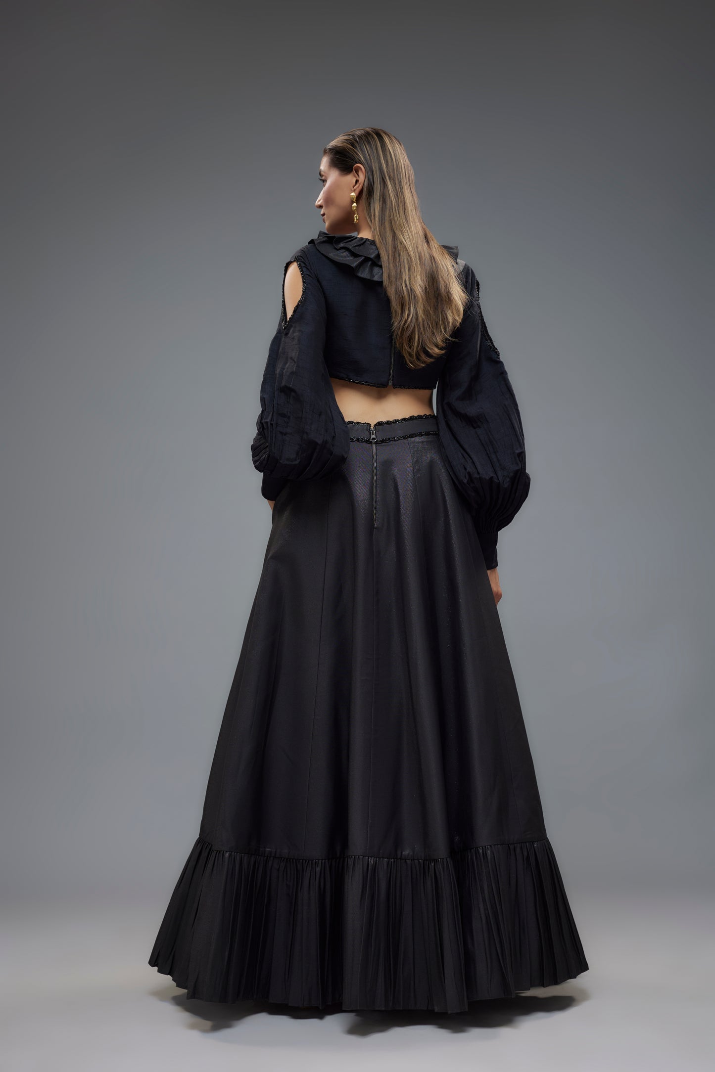black raw silk frilled lehenga set