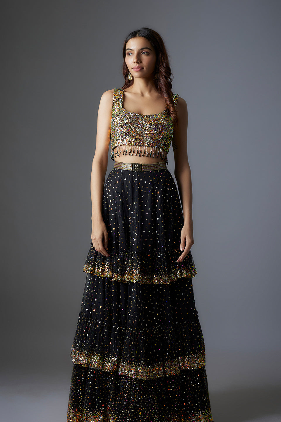 Black Net Sequins Embroidered Lehenga Set