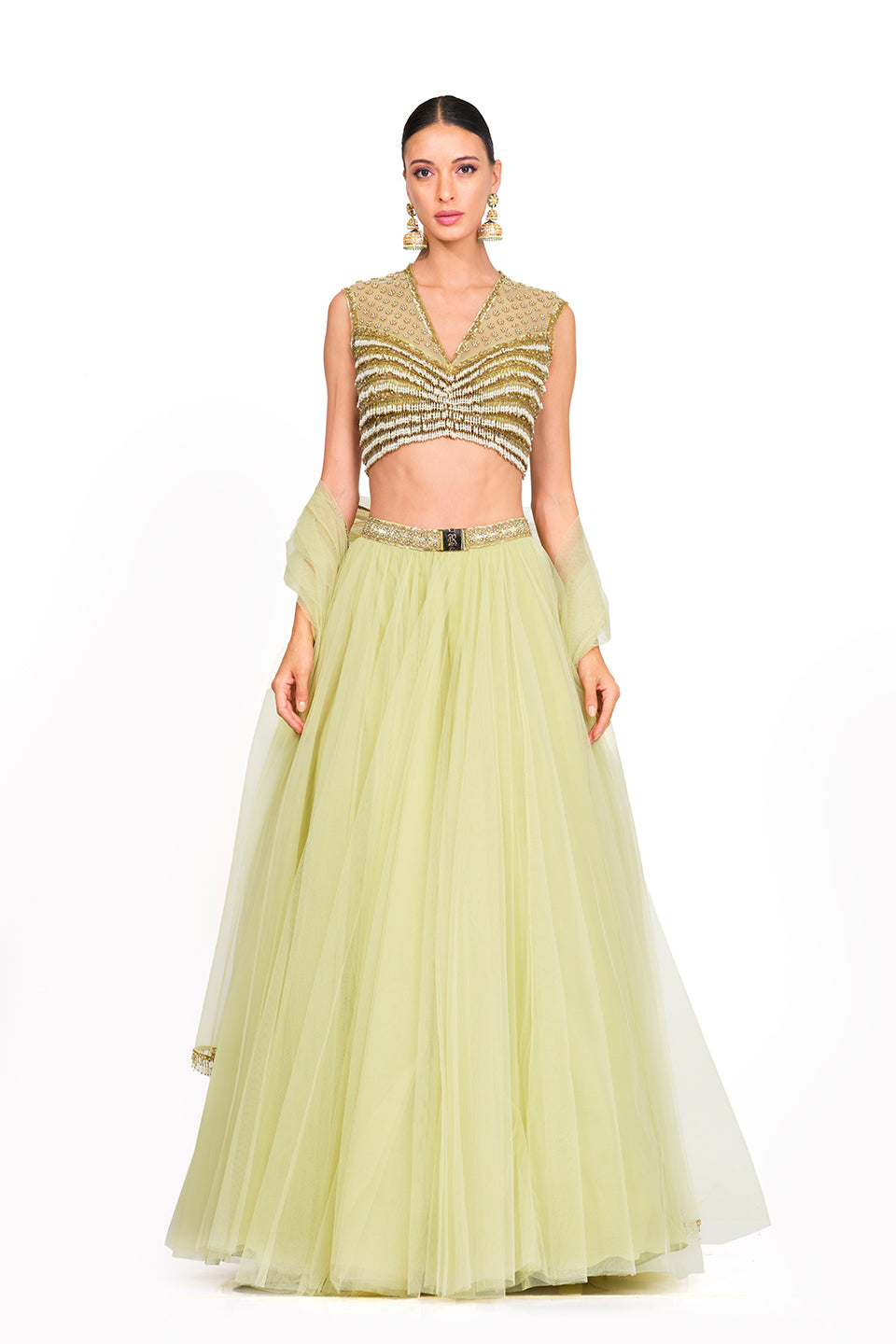 Tulle Lehenga with Tassel V-neck Blouse