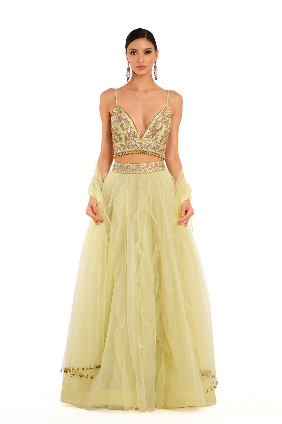 Tulle lehenga with gota patch work blouse