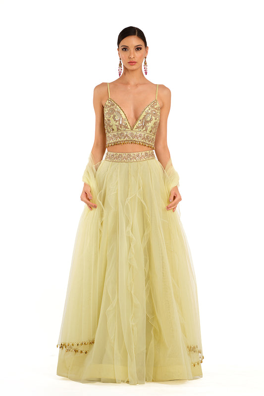 Tulle lehenga with gota patch work blouse