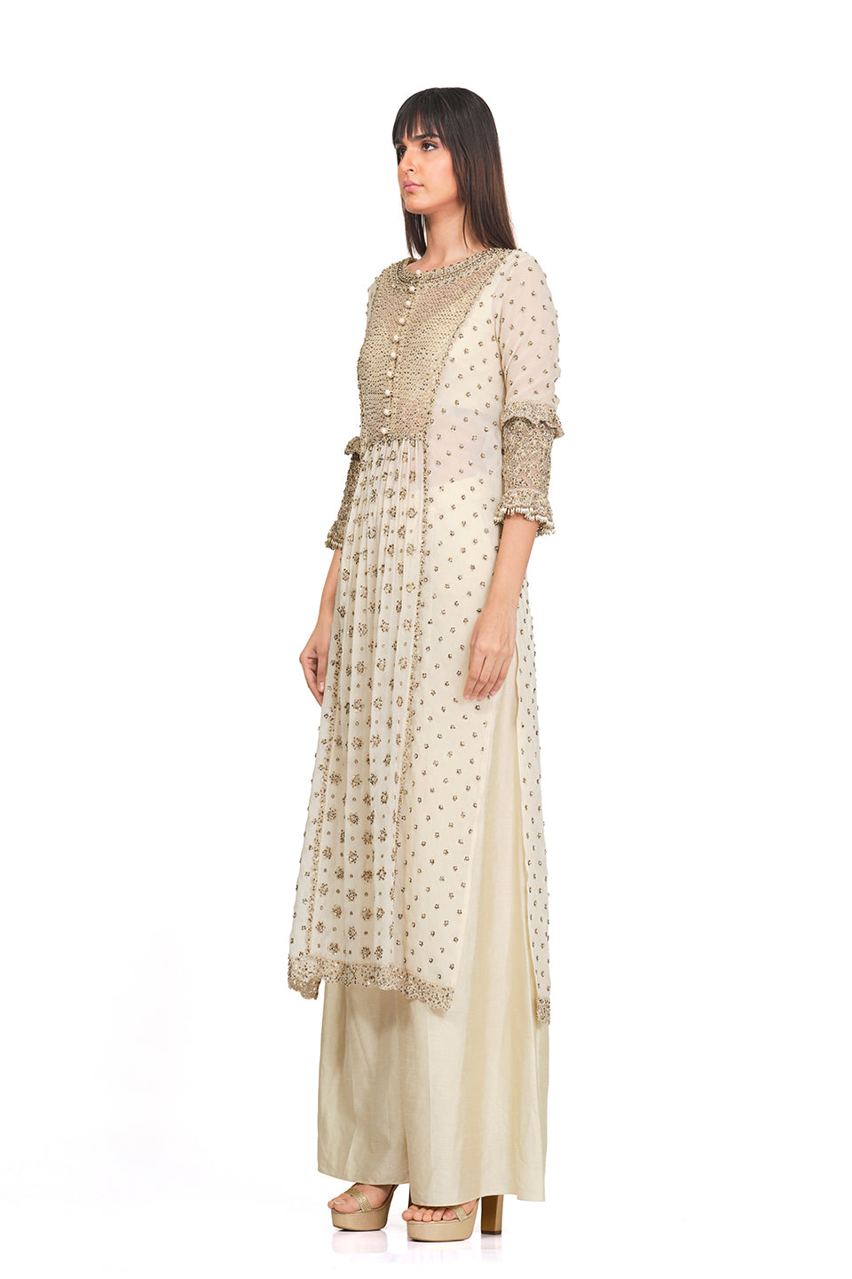 Ivory tunic set with raw silk flared pants
