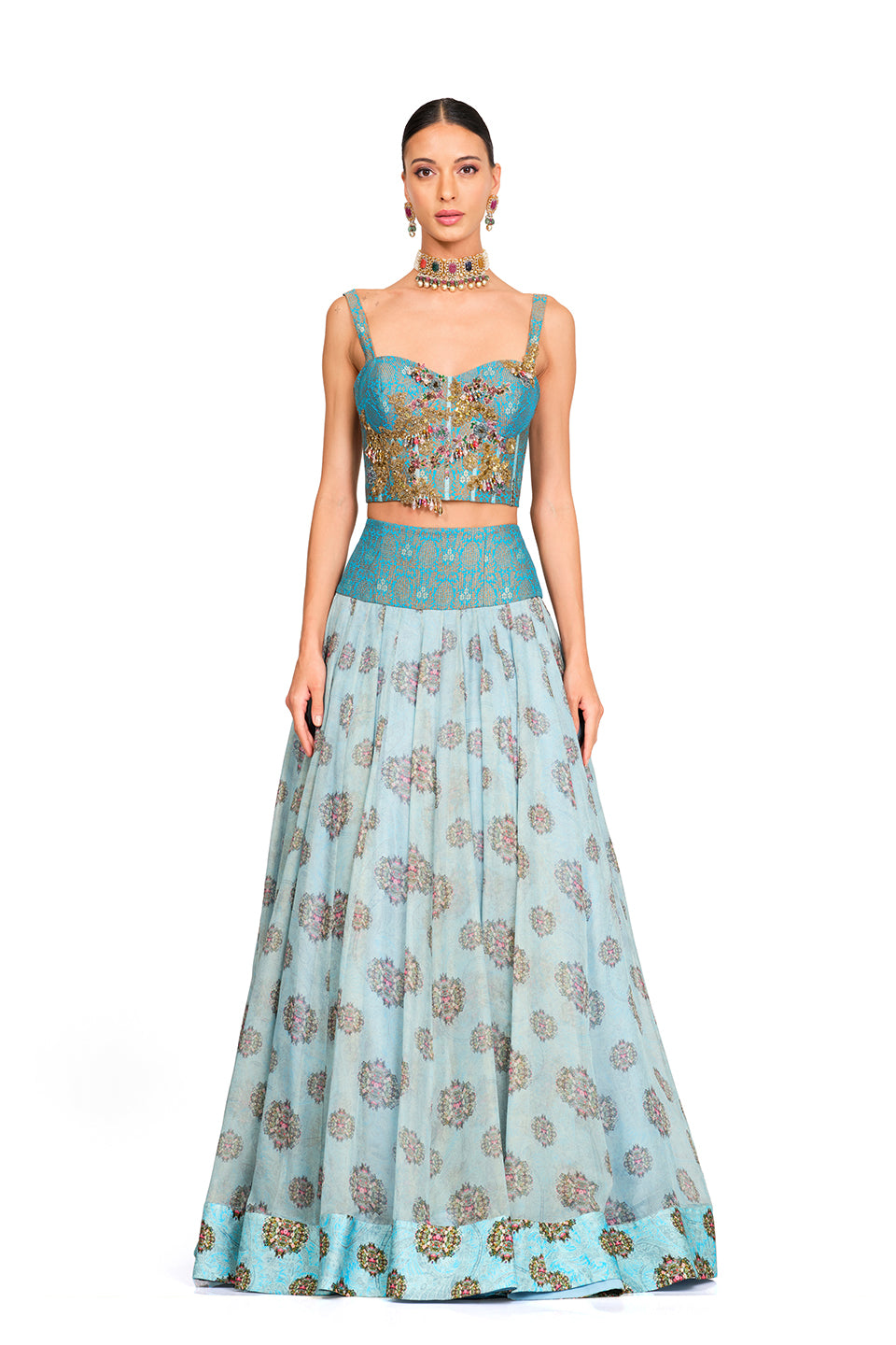 BLUE ORGANZA LEHENGA WITH CORSET BLOUSE