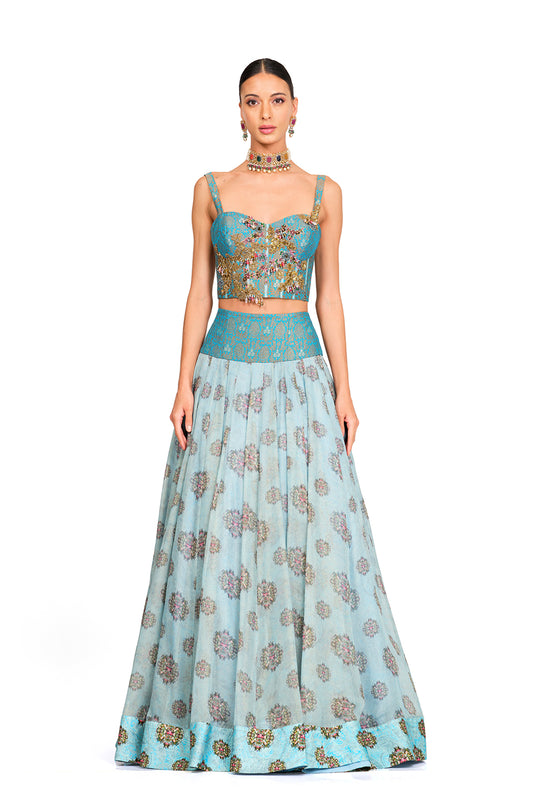 BLUE ORGANZA LEHENGA WITH CORSET BLOUSE