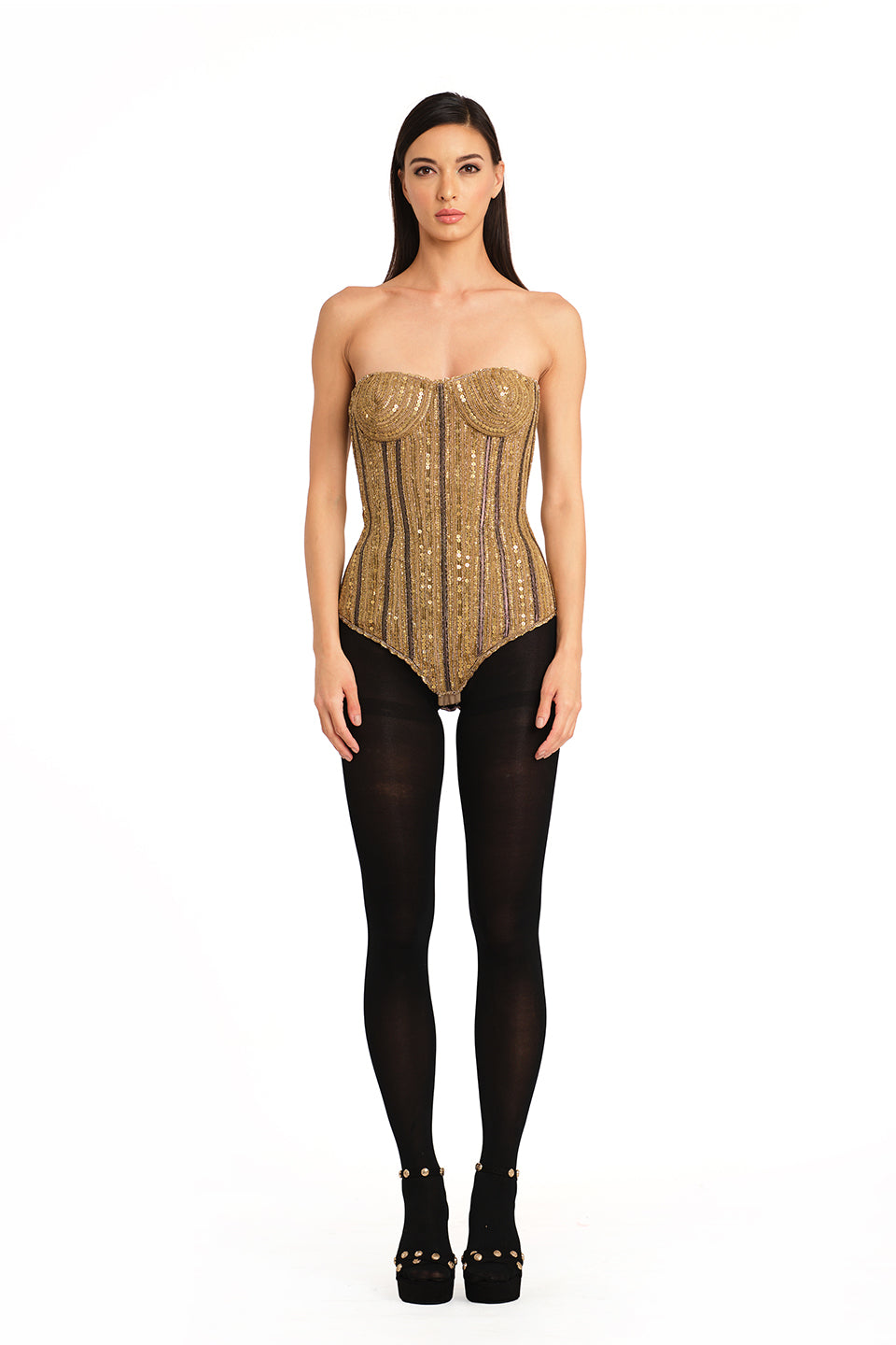 Gold corset with embroidery detailing