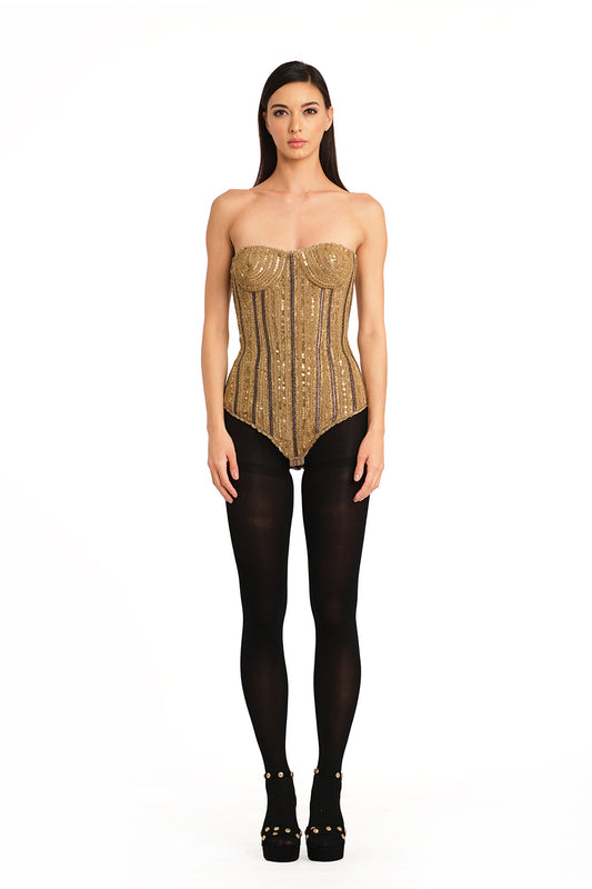 Gold corset with embroidery detailing