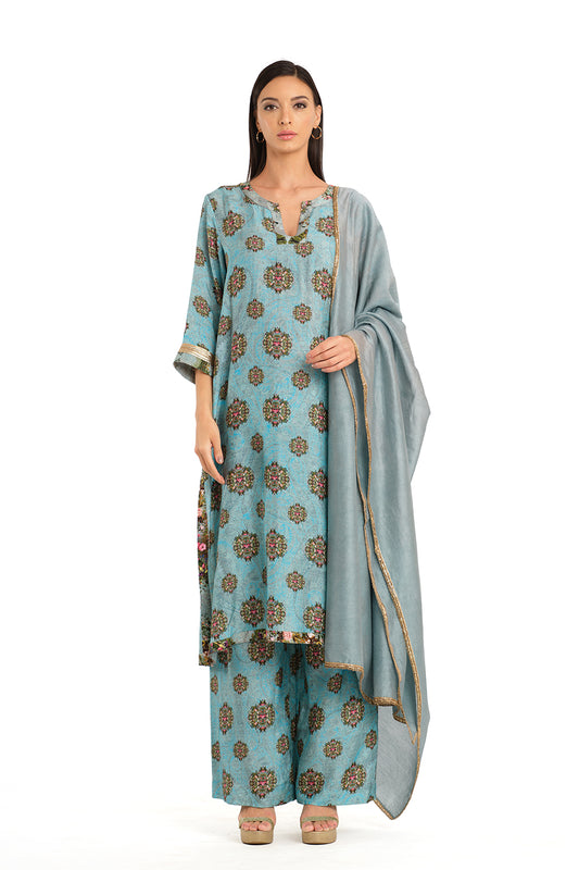 Floral motif raw silk tunic set