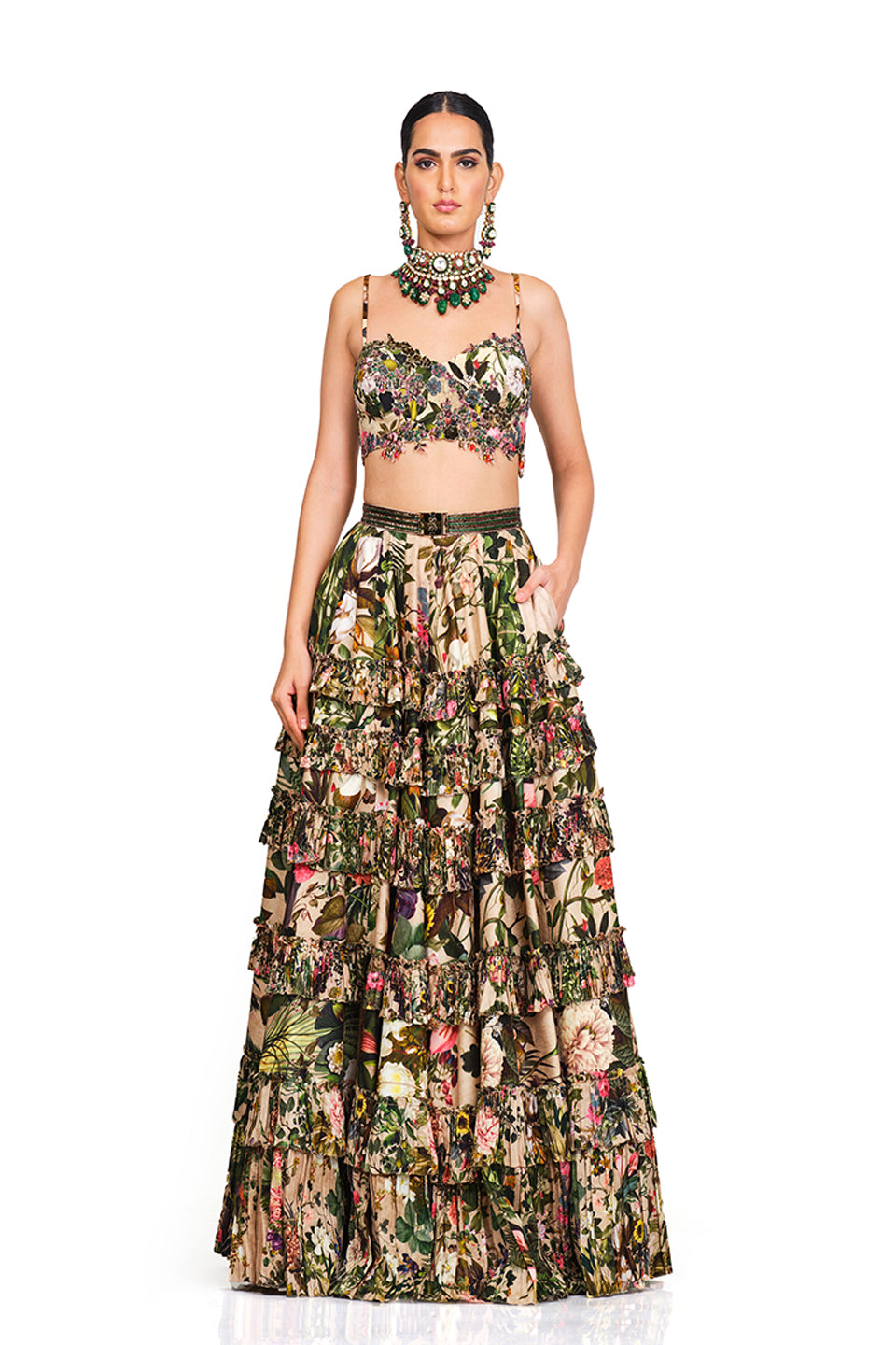 Printed Embroidered Bustier and Lehenga