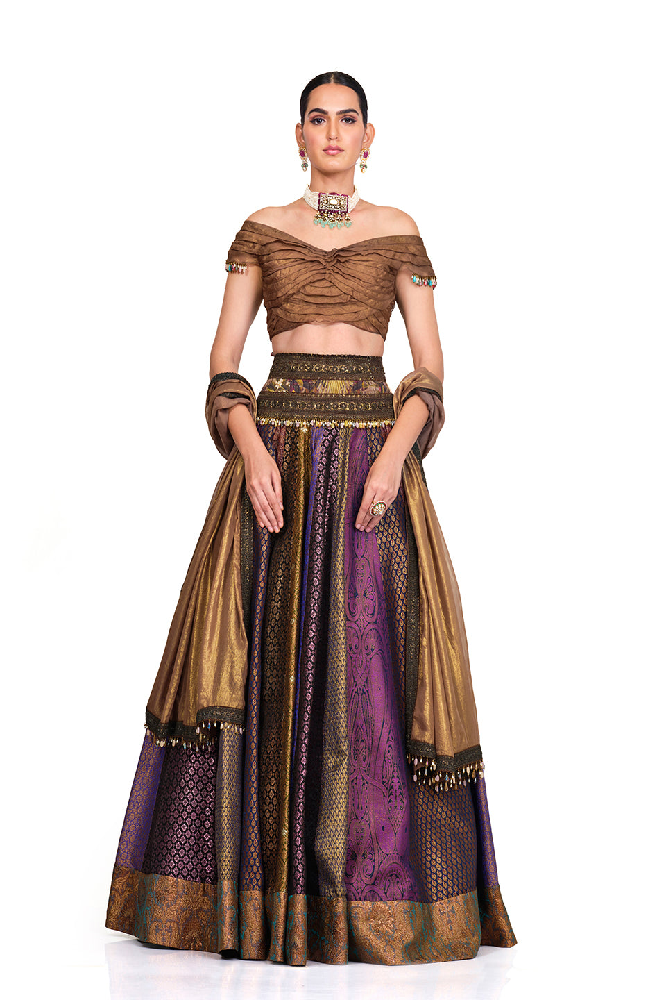 Brocade Lehenga with Off shoulder Organza Blouse