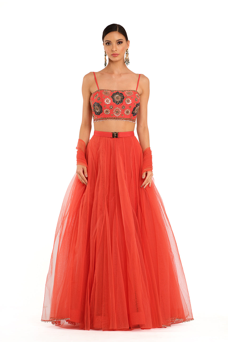 Red Tulle Lehenga with Embroidered Blouse
