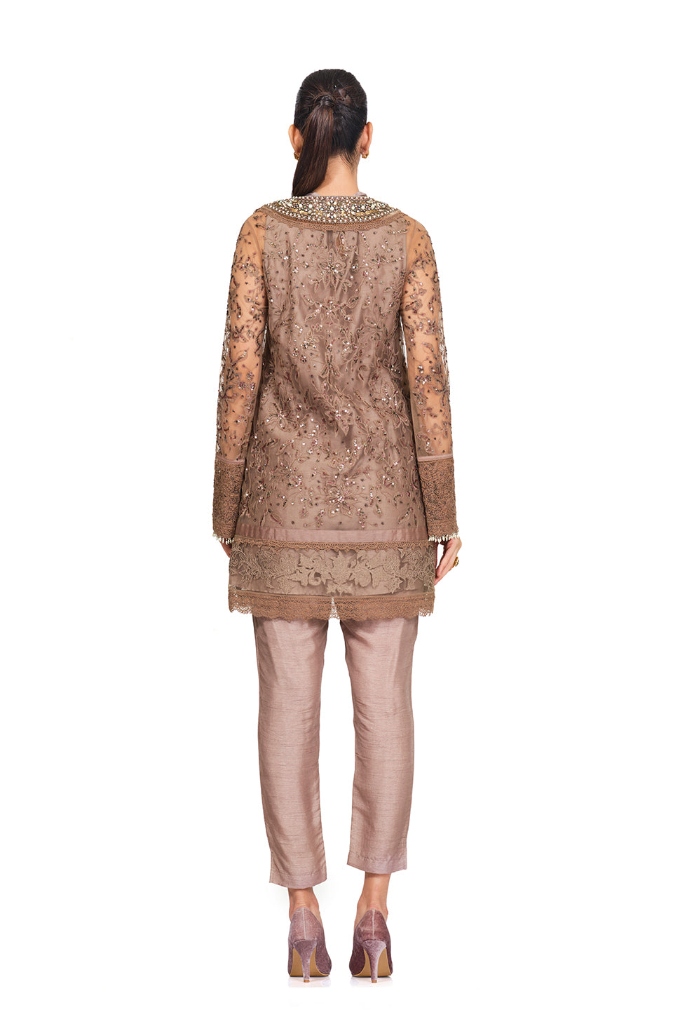 Taupe handembroidered tunic set