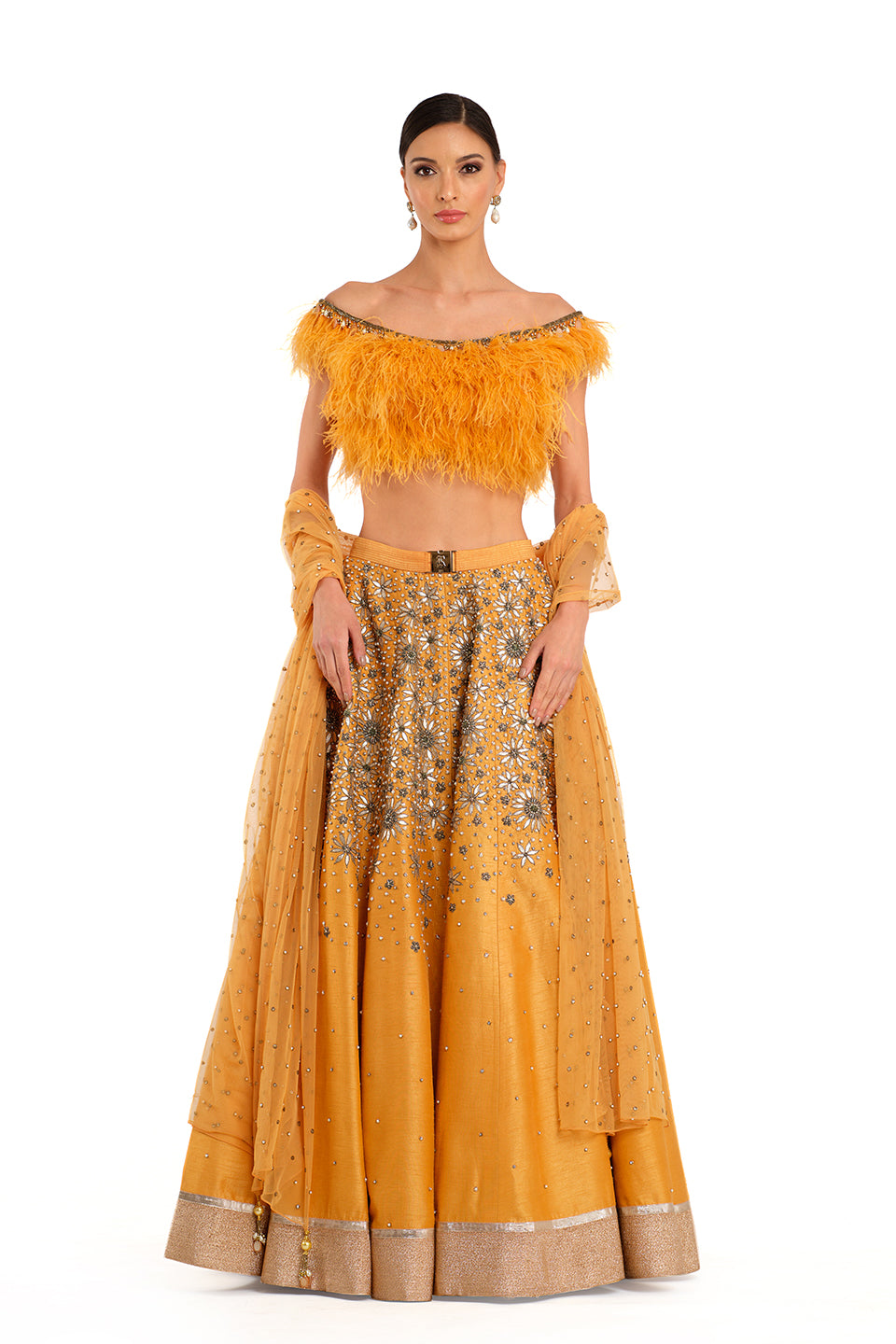 Orange Embroidered Lehenga with Feather detailed Blouse and Swiss Net Embroidered Dupatta