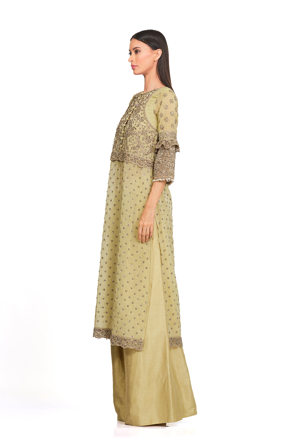 Hand embroidered tunic set with raw silk flared pants