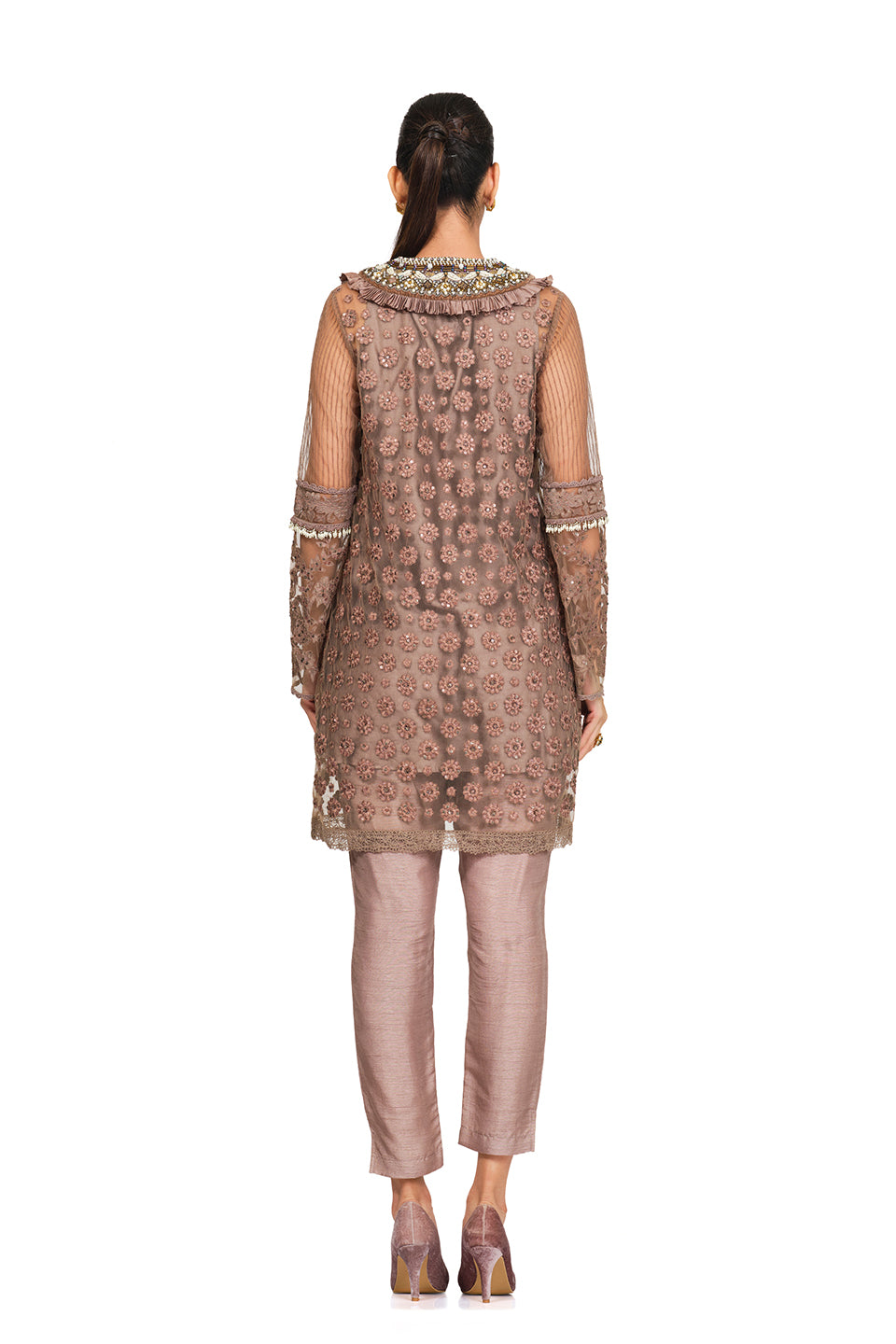 Taupe frilled and embellished tunic set