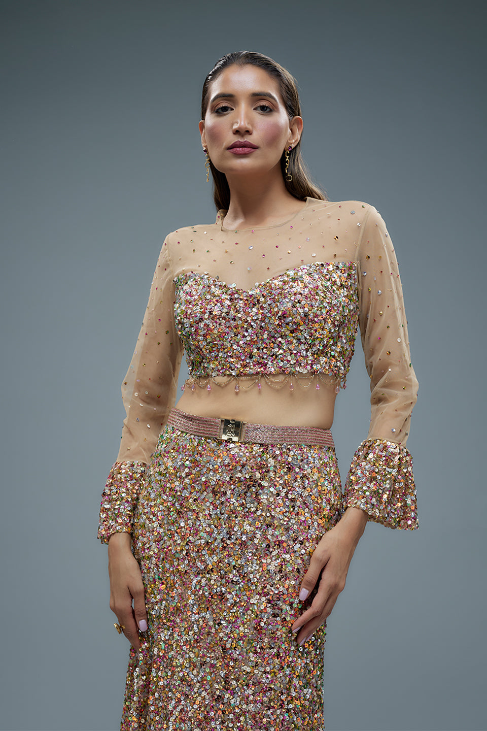 Pink net sequence embroidered lehenga set