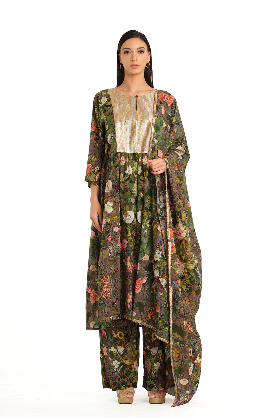 Signature Botanical Print cotton tunic set with dupatta