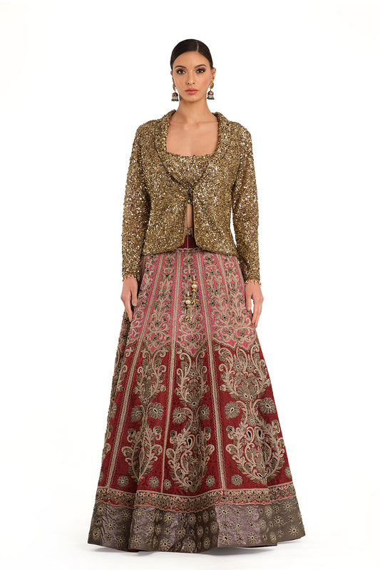 Embroidered Brocade Lehenga with Bustier & Jacket