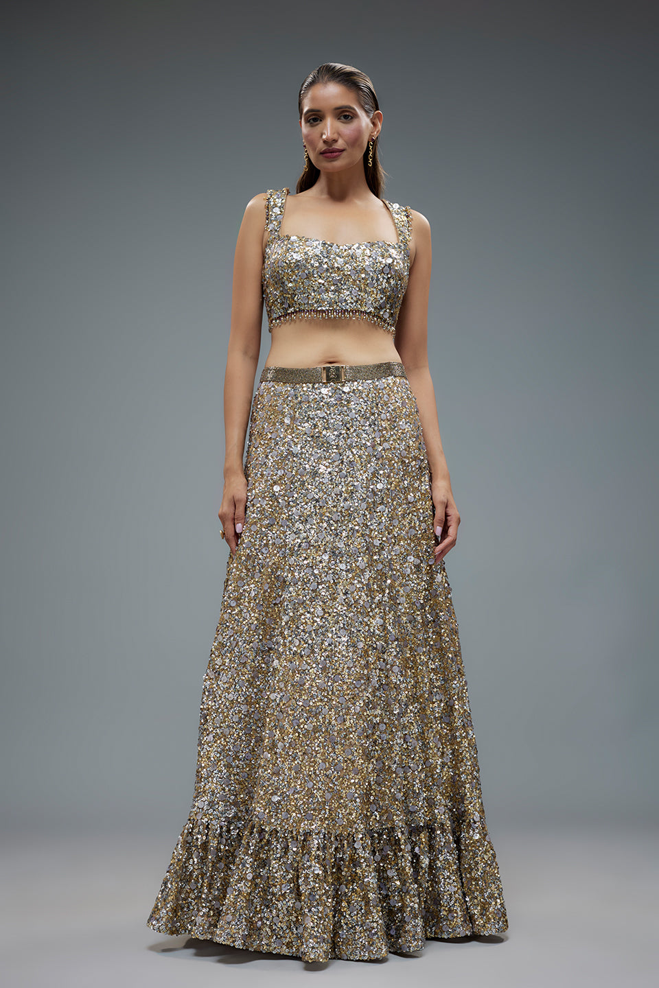 Beige net sequence embroidered lehenga set