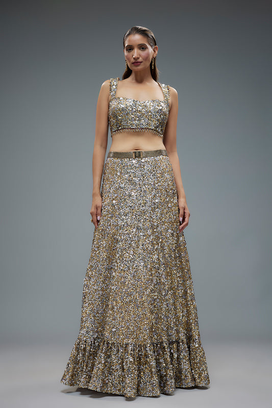 Beige net sequins embroidered lehenga set