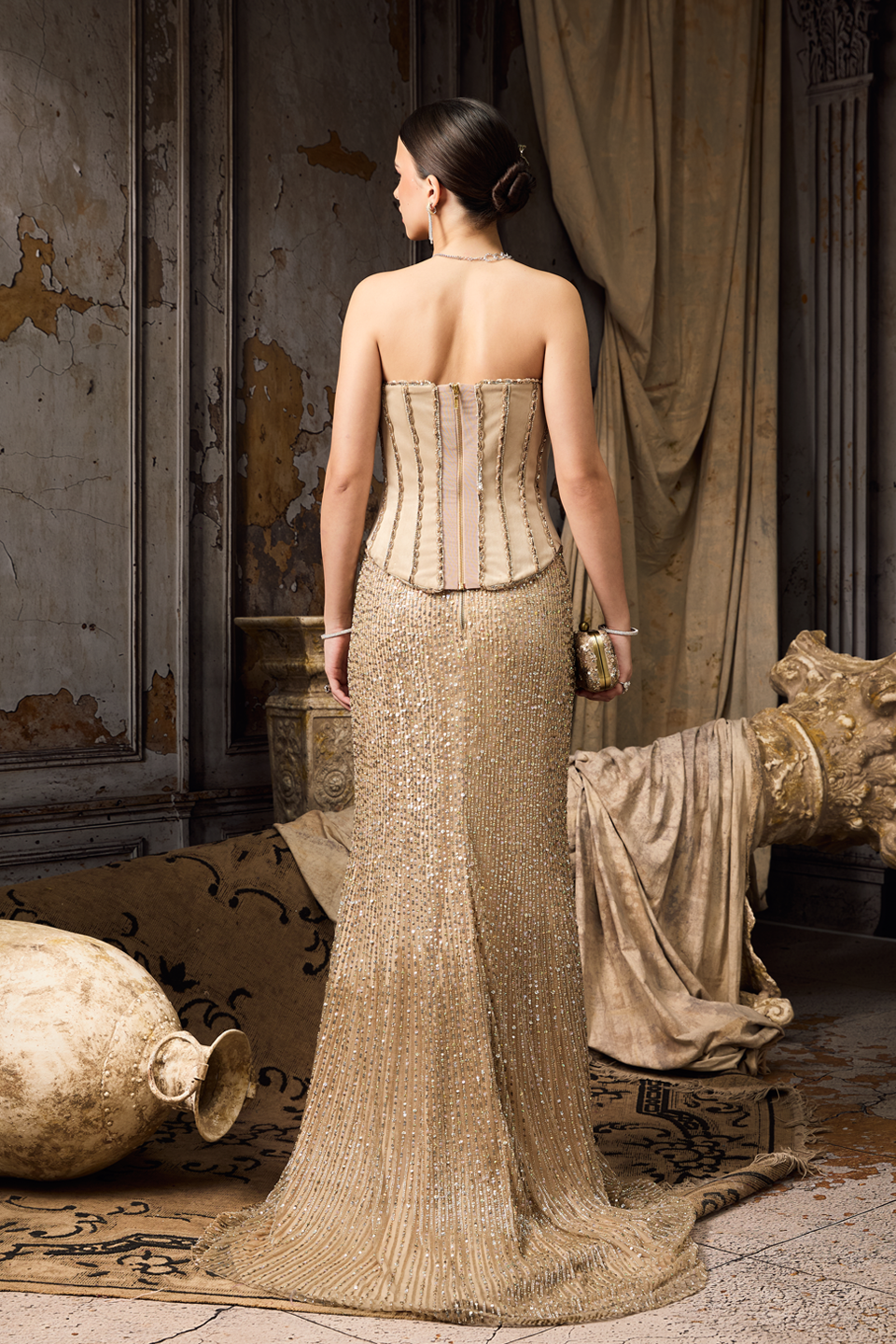 Beige Sequin Corset And Skirt Lehenga Set