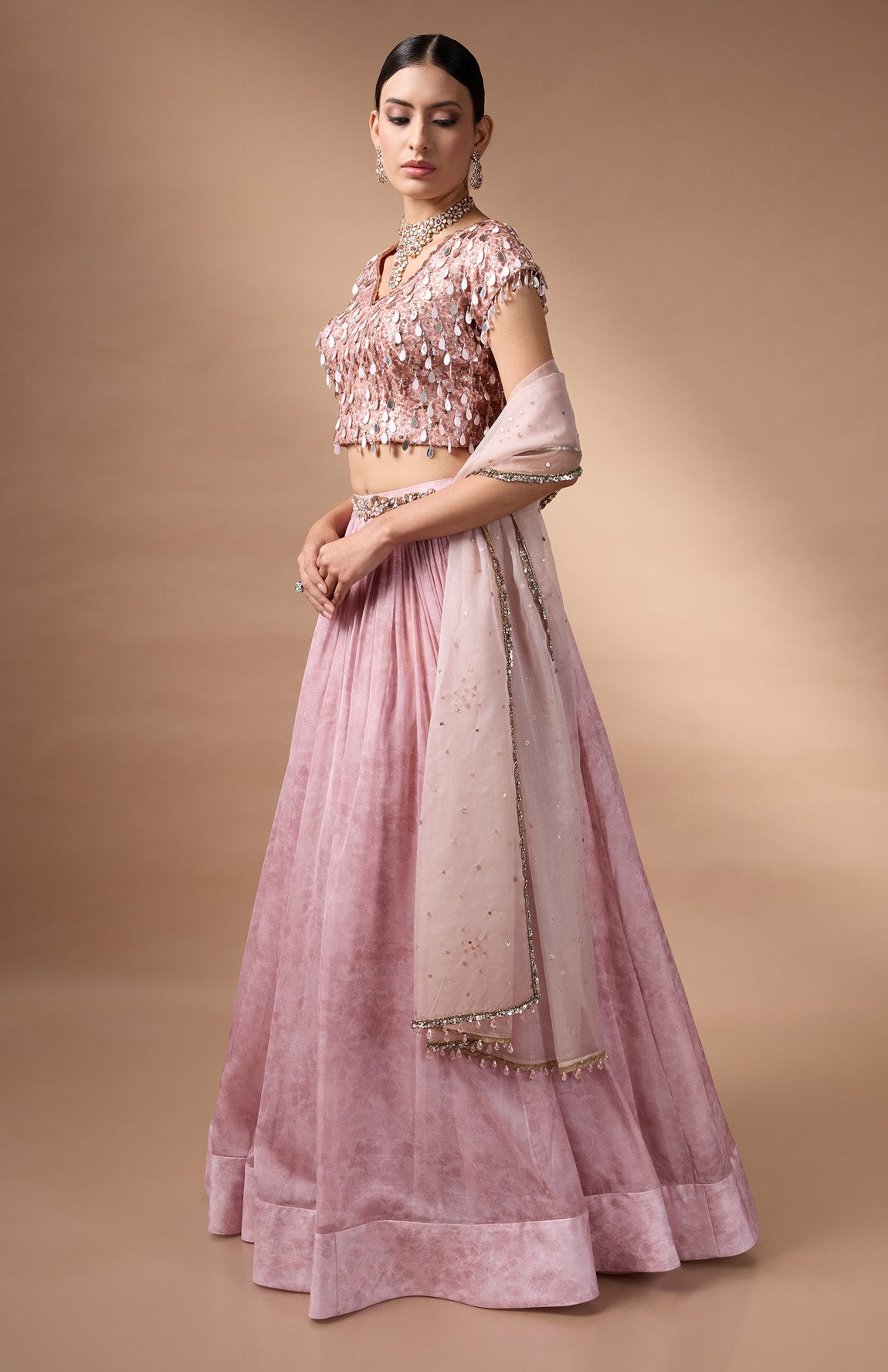 Pink embriodered blouse with printed lehenga