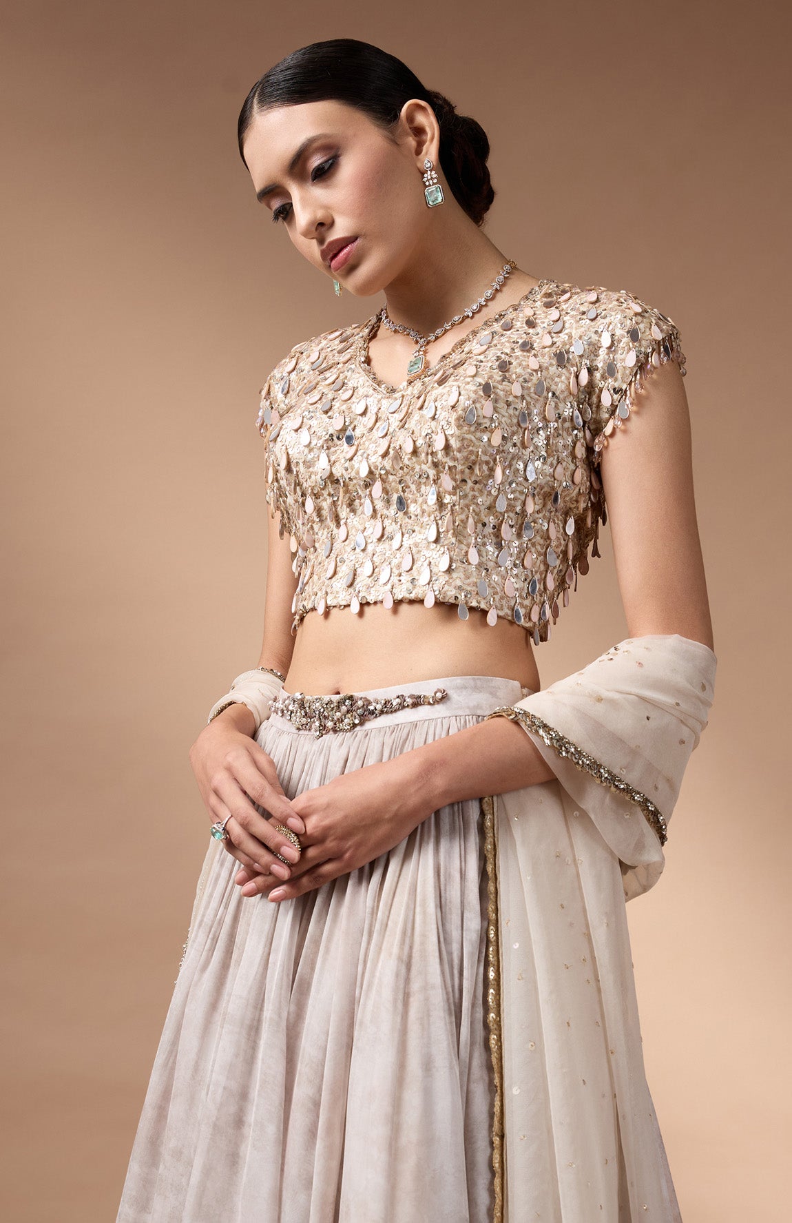 Ivory embriodered blouse with printed lehenga
