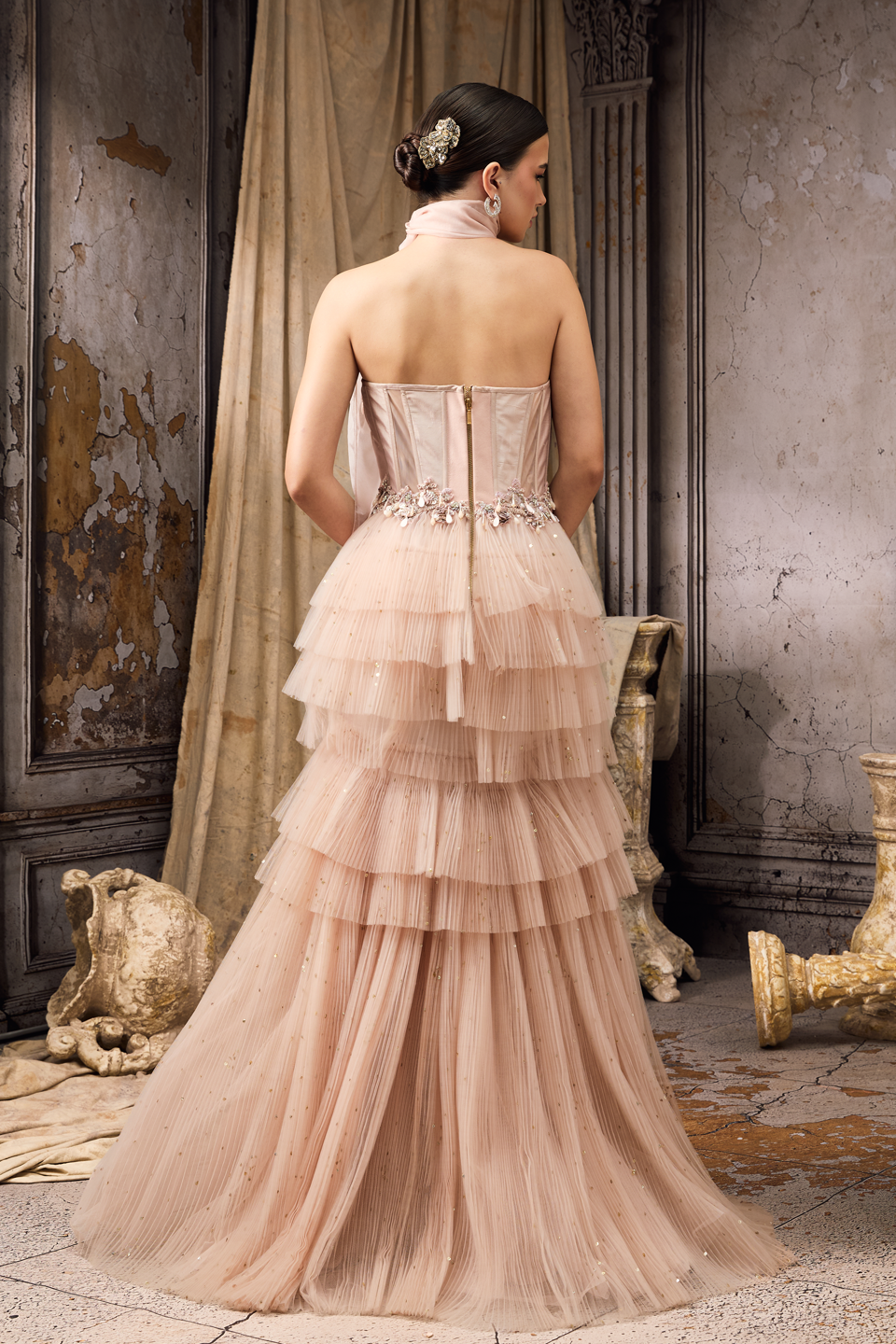 Strapless Corset Fit Pink Frilled Gown