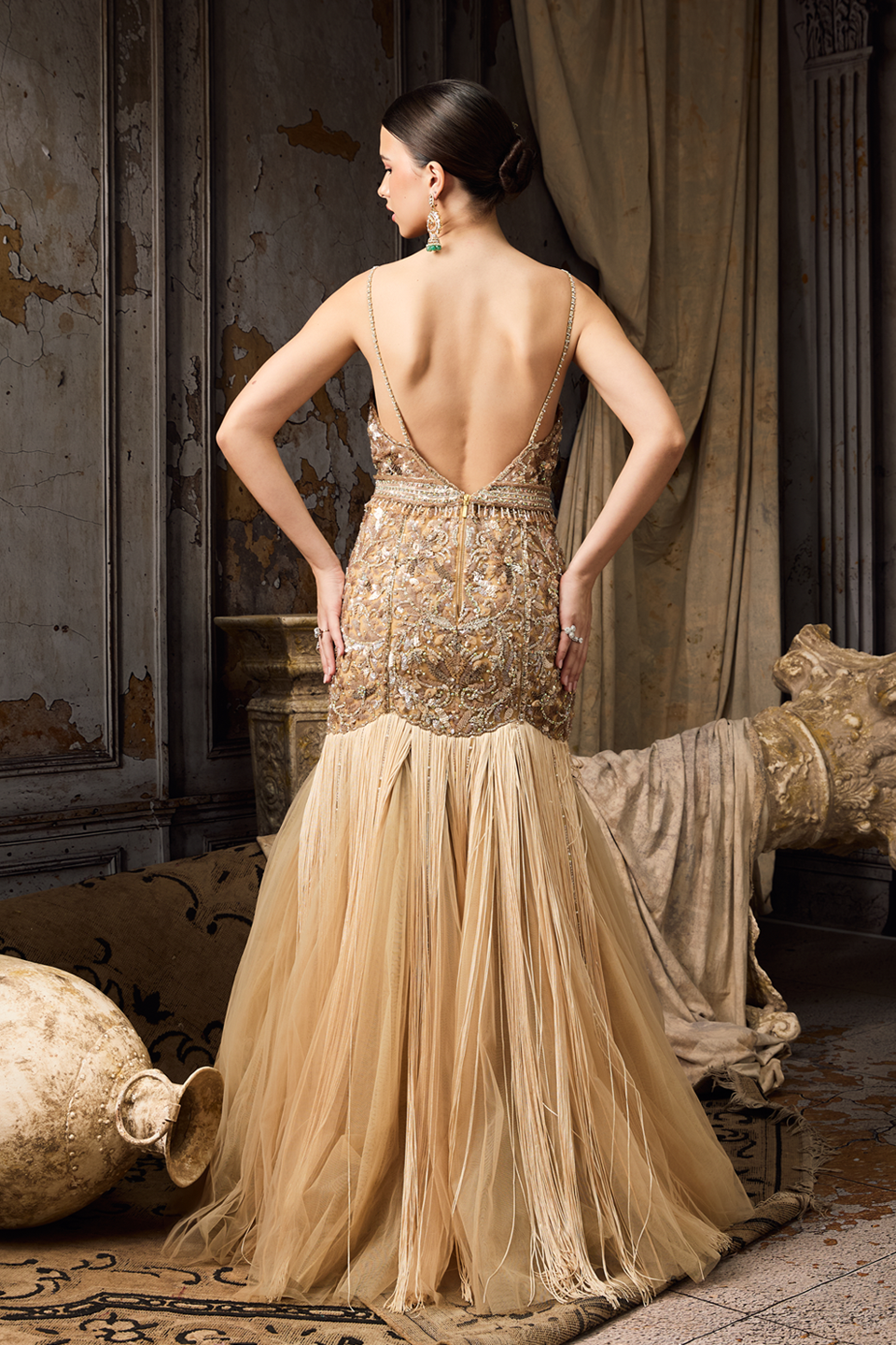 Fringe And Embroidered Embellished Gown