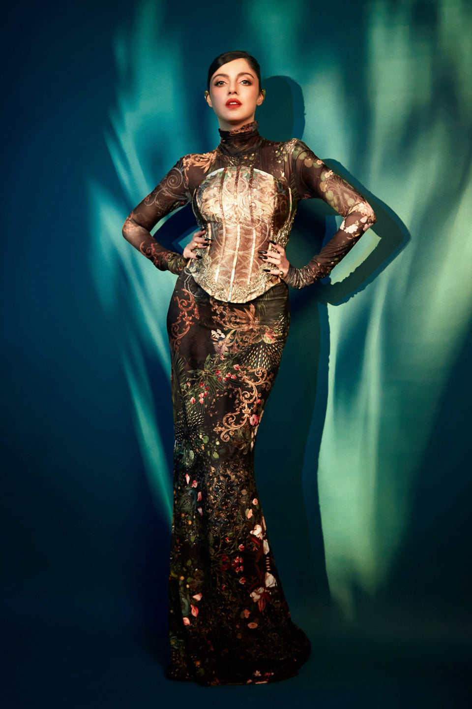 Signature printed gown and corset