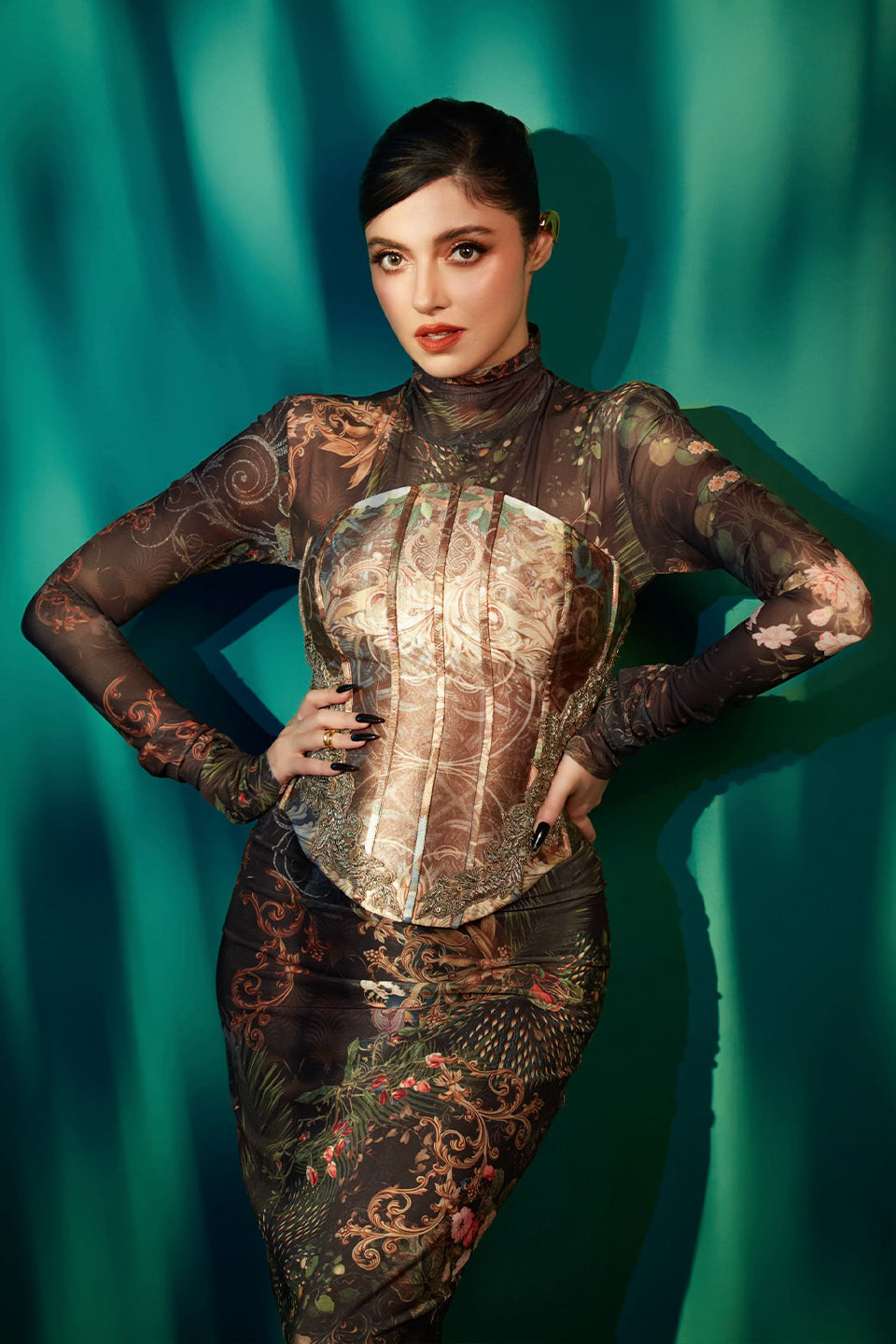 Signature printed gown and corset