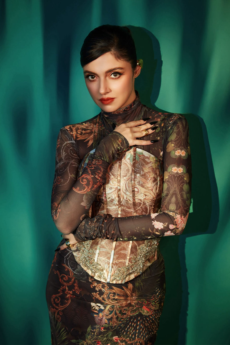 Signature printed gown and corset