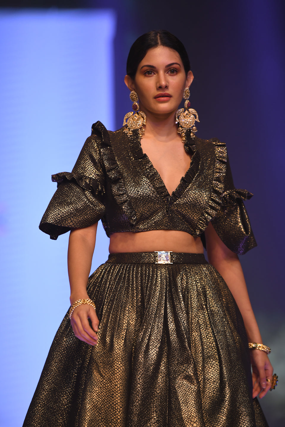 Amyra Dastur in gold and black lehenga set