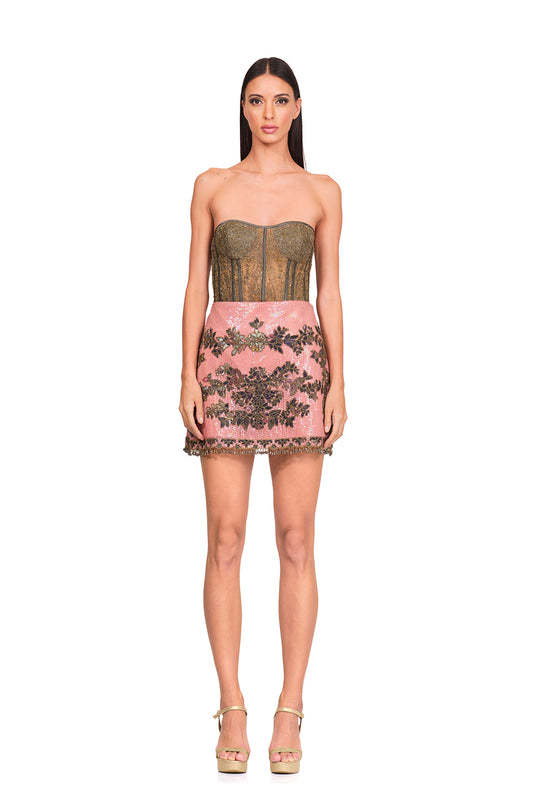 Gold embroidered bodysuit with patchwork embroidered skirt