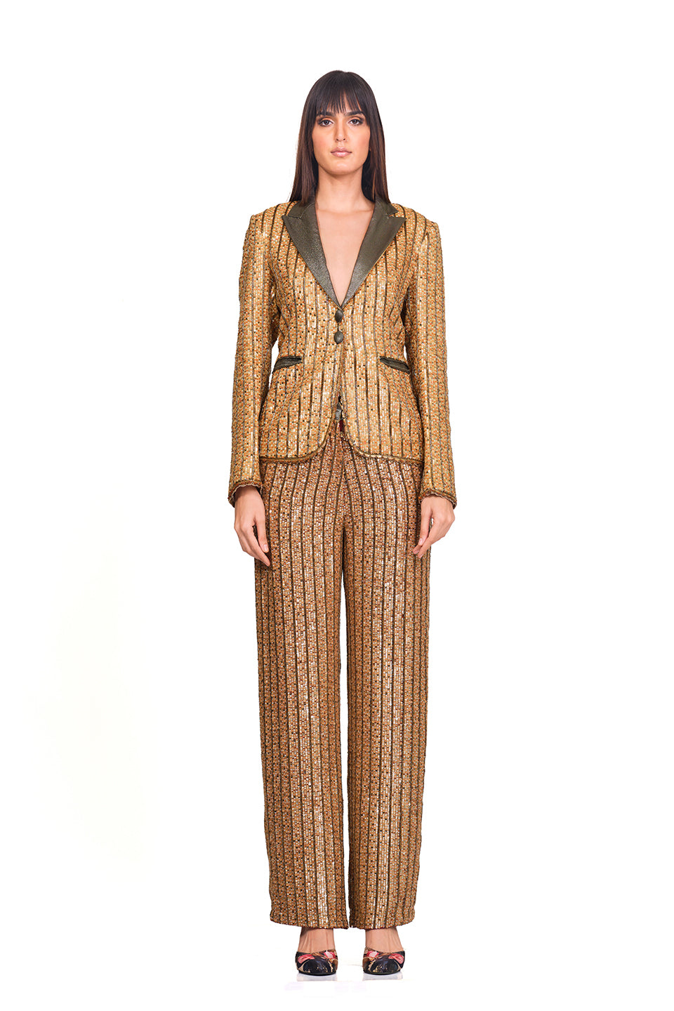 copper sequin blazer and trousers