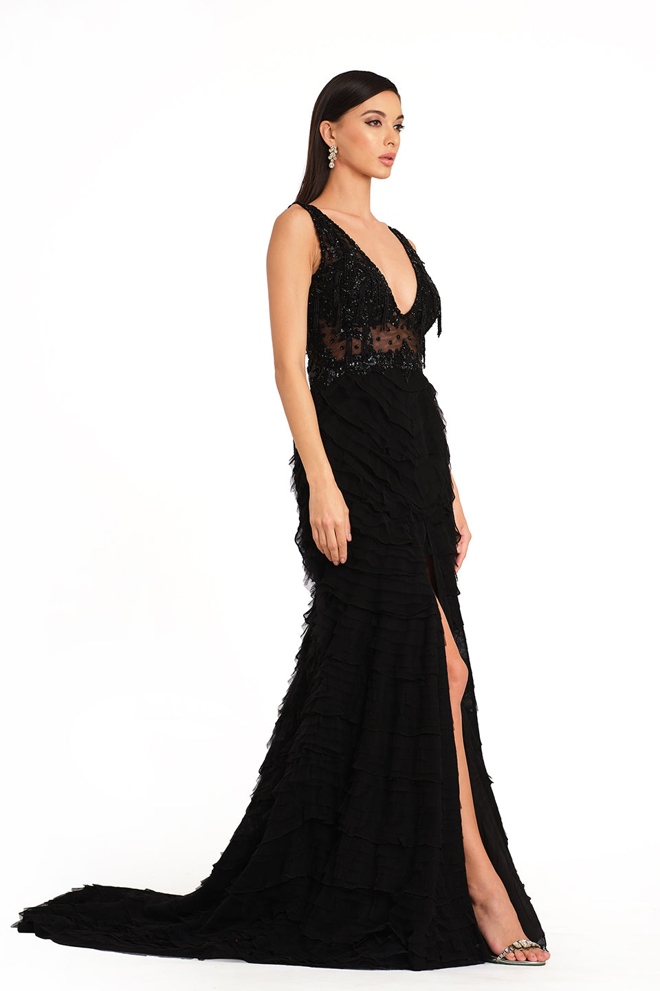Black ruffled layered gown