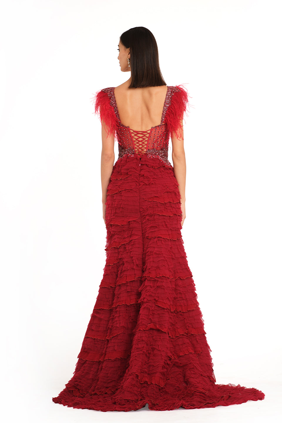 Deep red gown with high slit