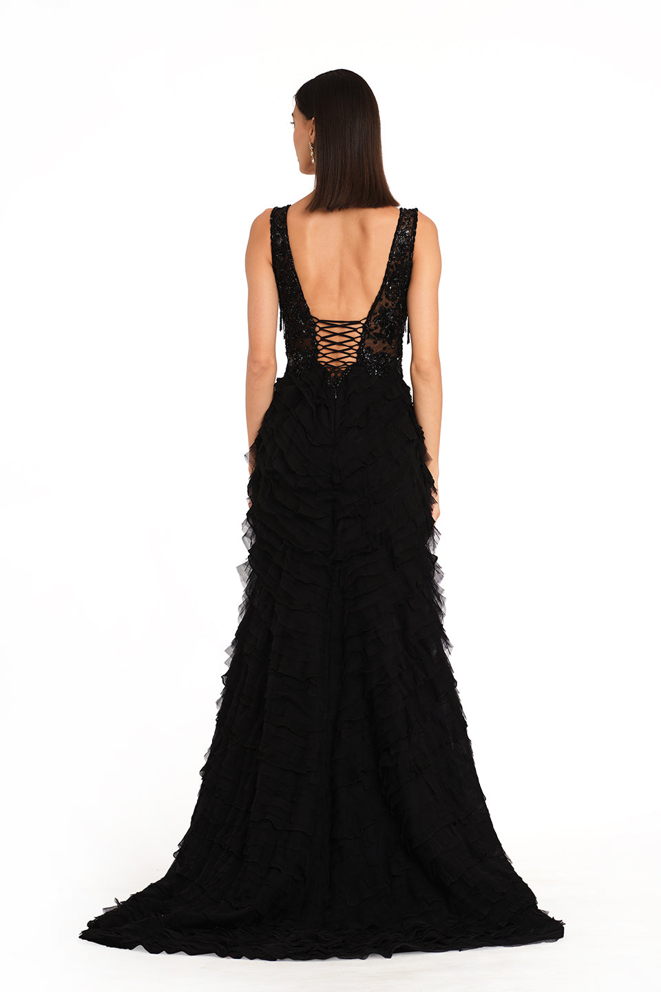 Black ruffled layered gown