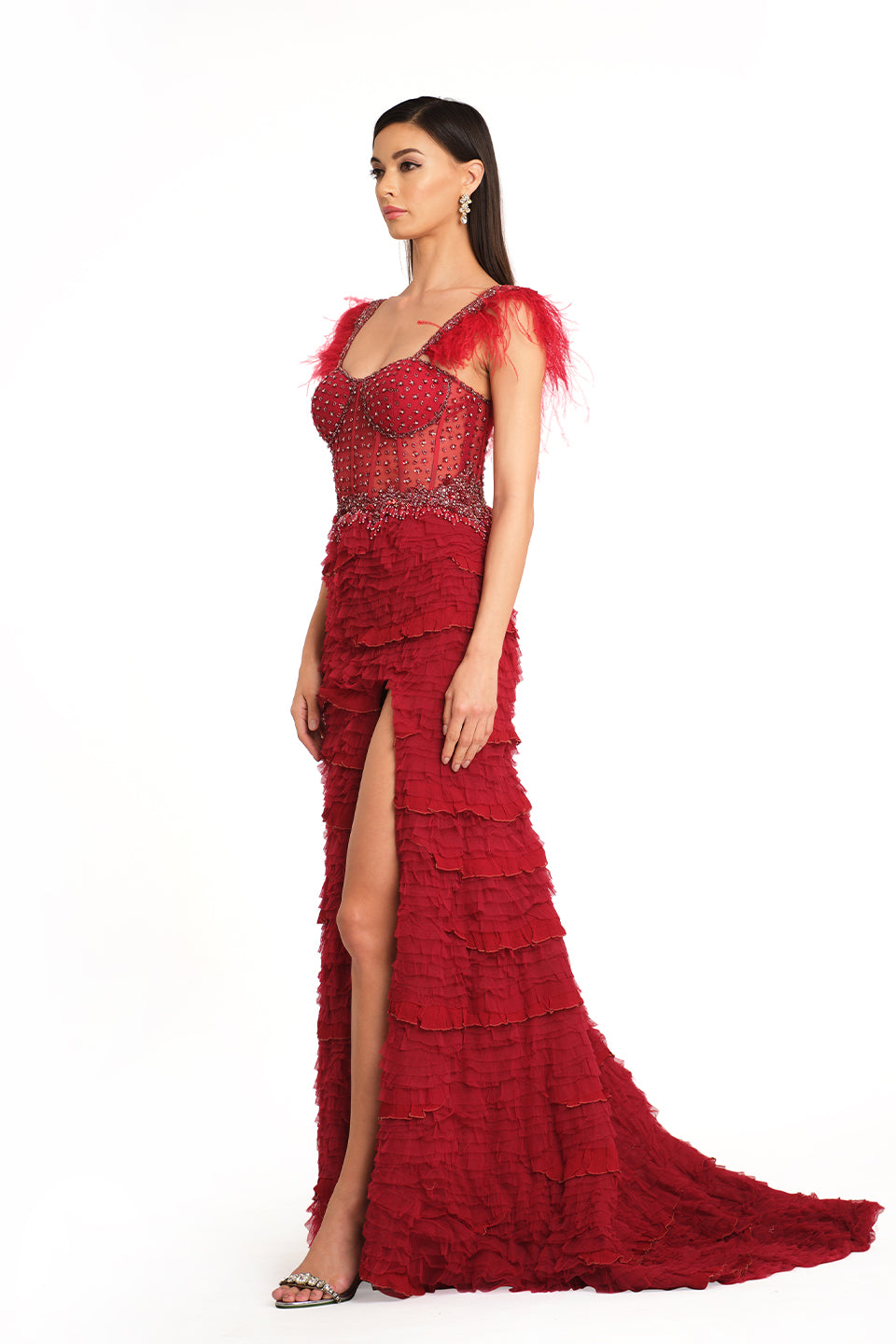Deep red gown with high slit