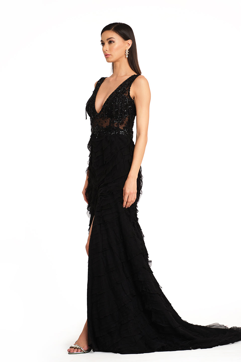 Black ruffled layered gown