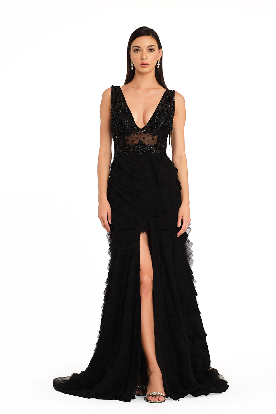 Black ruffled layered gown