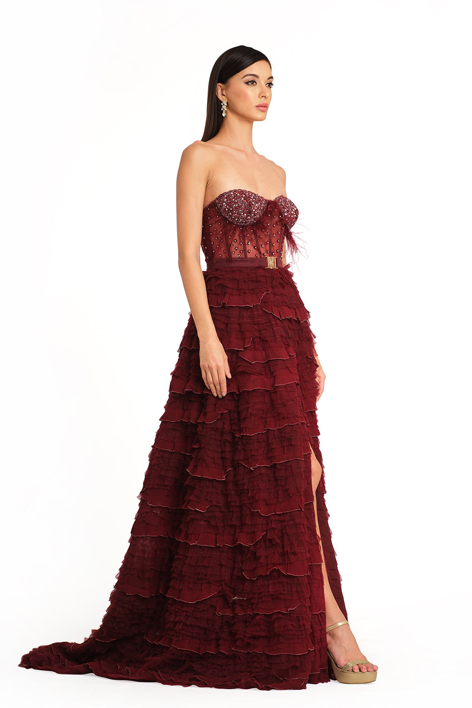 Burgundy corset gown with frill detailing